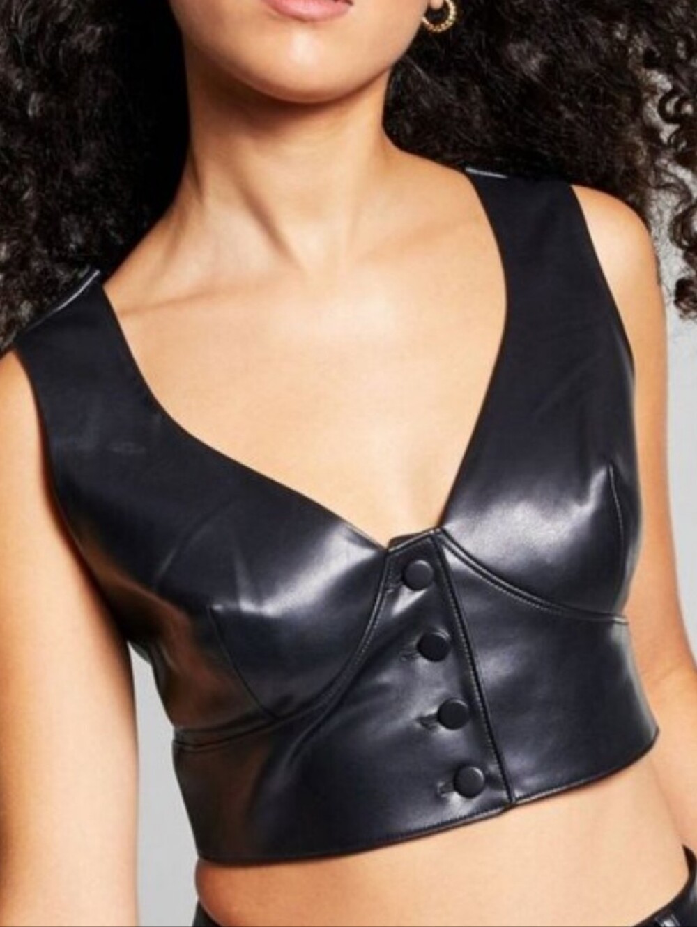INC International Concepts Black Faux Leather Button-Front Crop Vest
